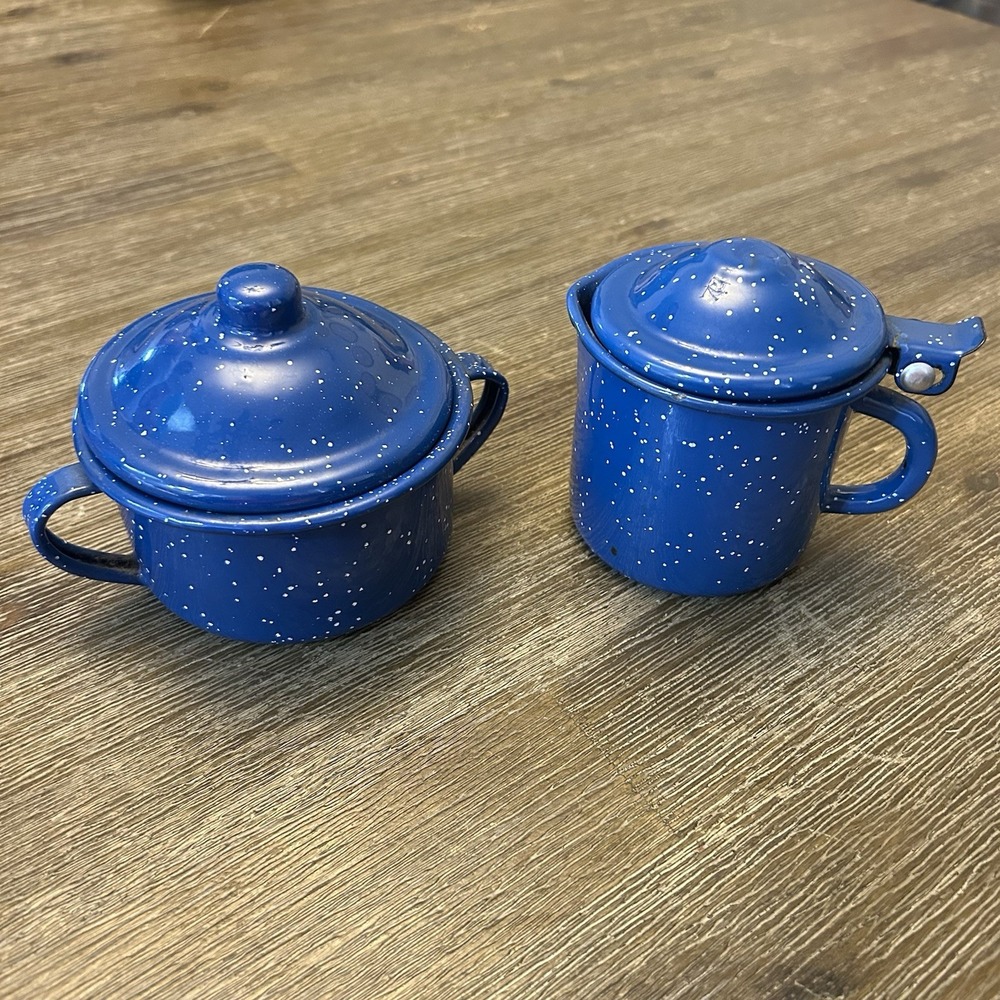 2 piece set blue & white speckled enamelware sugar and creamer W Lids